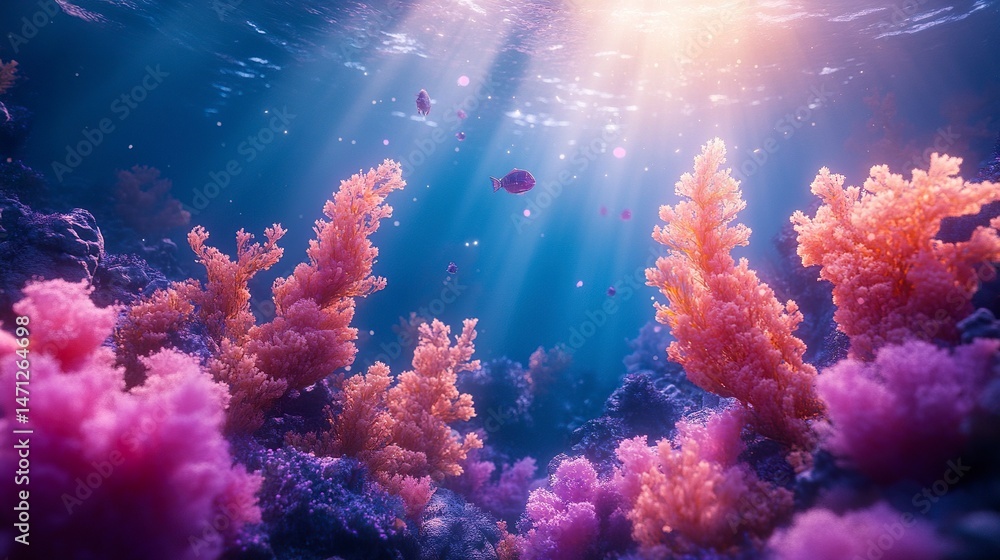 Fototapeta premium Mystical underwater world with floating particles and soft blue light 