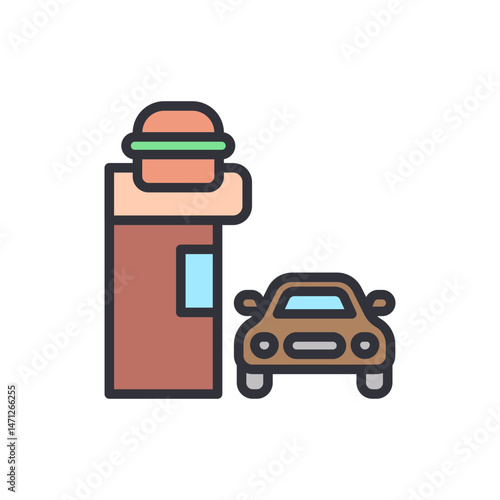 Stylized icon depicting a drive-through restaurant, featuring a car, and burger