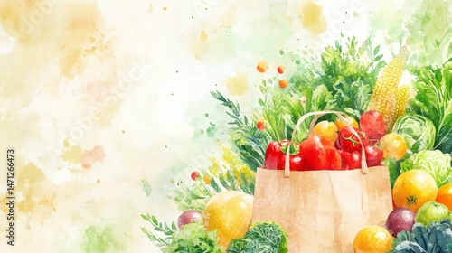 Wallpaper Mural Colorful watercolor illustration of fresh produce in paper bag. Torontodigital.ca