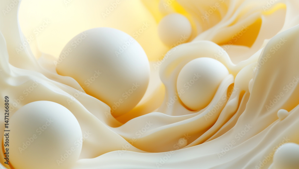 3D abstract background with swirling organic shapes in white and yellow, with a large creamy sphere in the foreground 3D abstract background with swirling organic shapes in white and yellow, with a large creamy sphere in the foreground