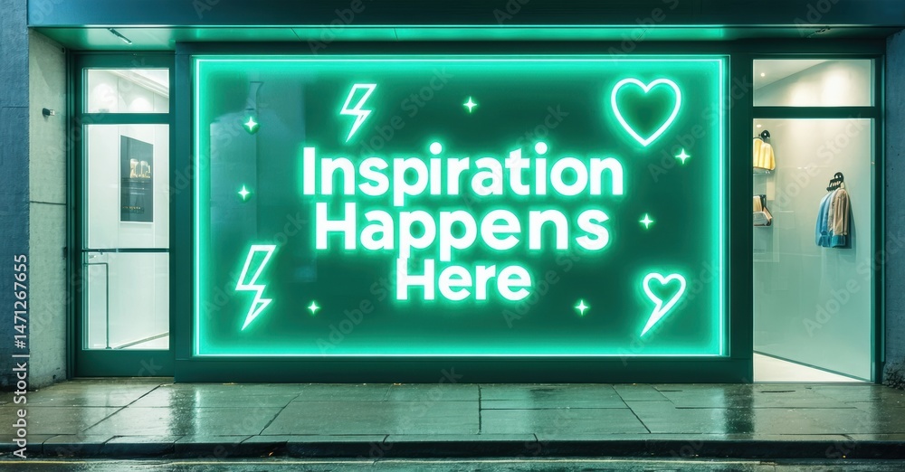 Obraz premium Shopfront displays bright neon sign. Text reads Inspiration Happens Here with lightning, heart symbols. Dark exterior, glass windows visible.