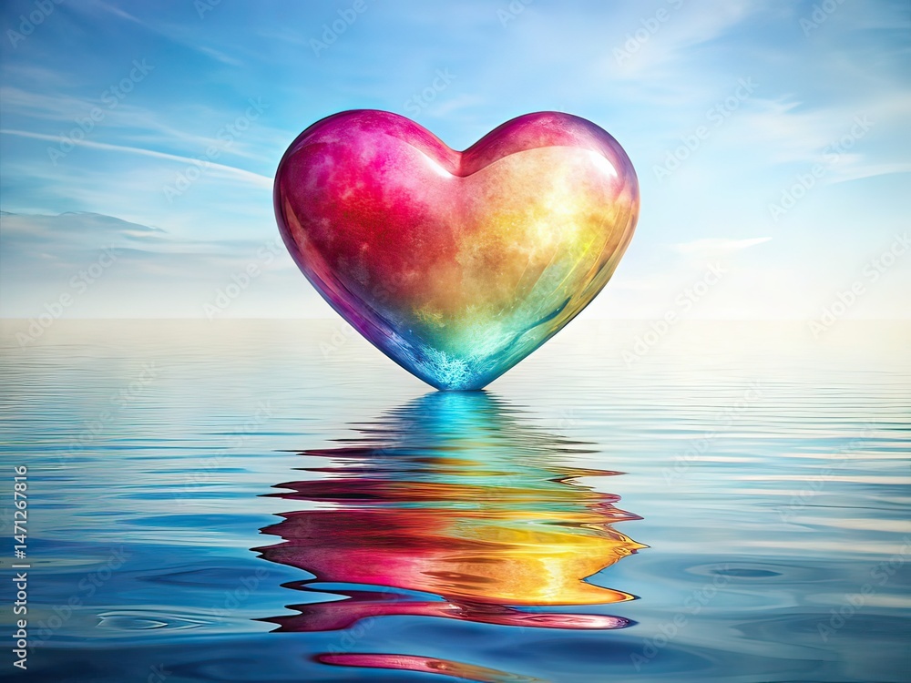 Fototapeta premium Watercolor Heart Floating on Water, Beautiful Water Scene, Artistic Background