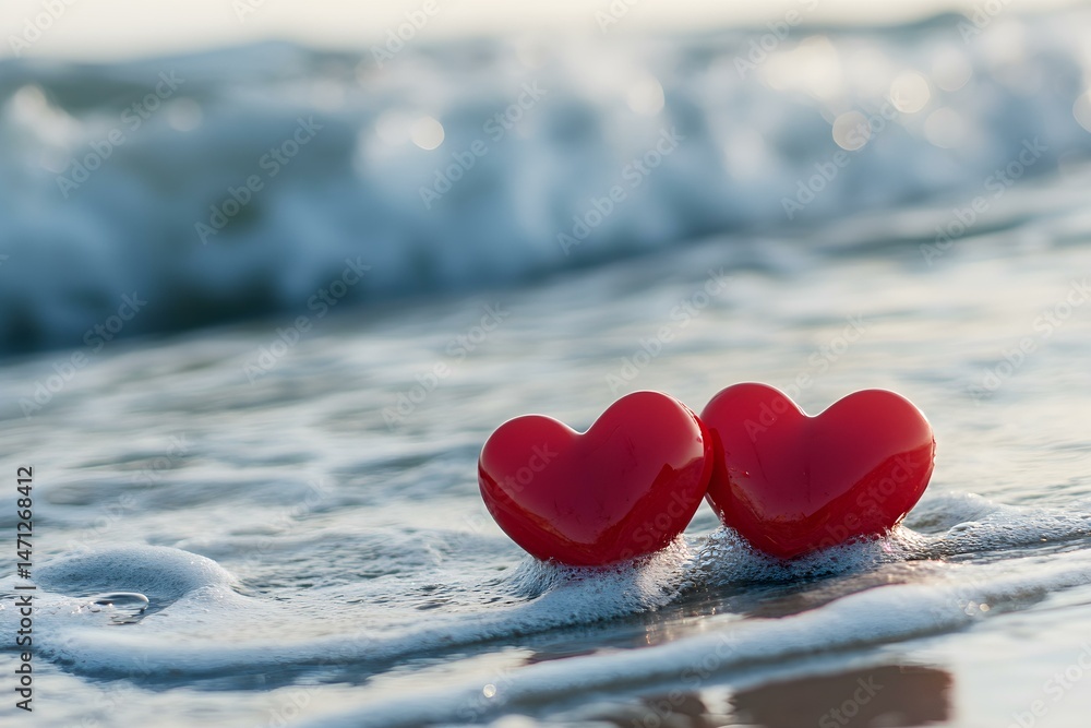 Fototapeta premium Two Red Heart Shapes Resting on the Shore Partially Submerged for a Romantic and Symbolic Scene