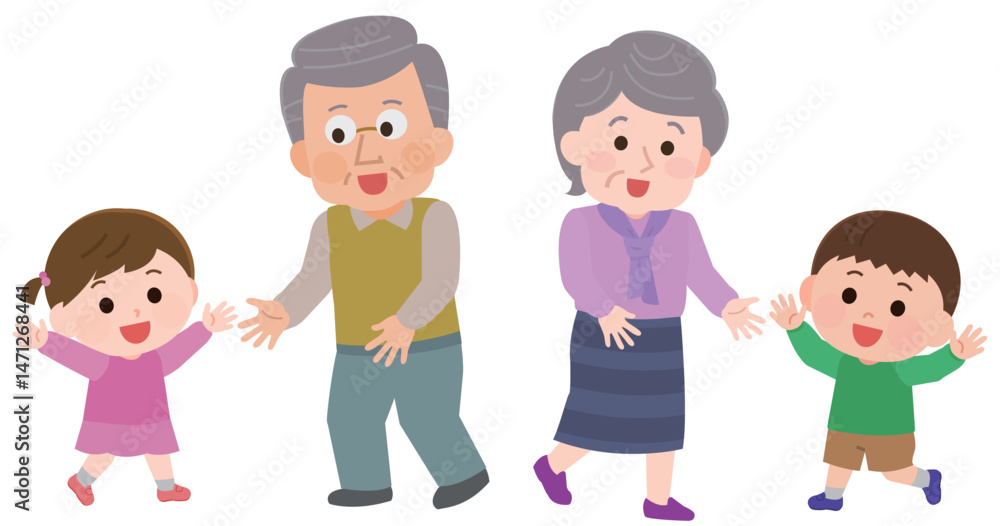 孫と遊ぶ高齢男性と高齢女性 イラスト 孫と遊ぶ高齢男性と高齢女性 イラスト