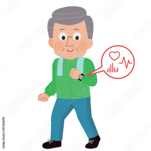 スマートウォッチをつけてウォーキングする高齢男性　イラスト