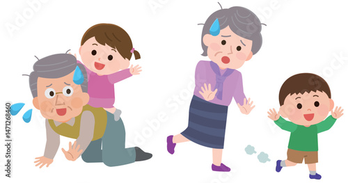 孫と遊んで疲れる高齢男性と高齢女性　イラスト