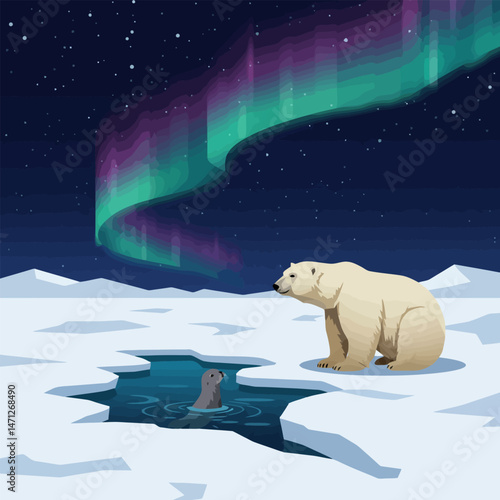 Polar Bear Observing Seal Under Aurora Borealis on Snowy Ice