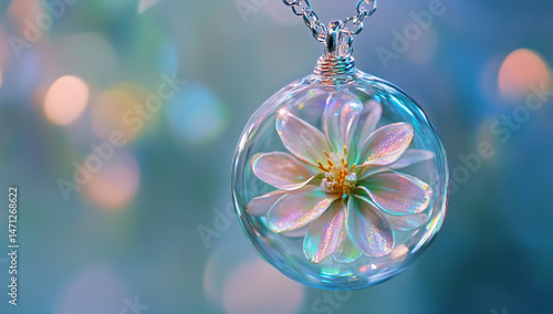 Floating clear glass pendant with a magical flower inside
