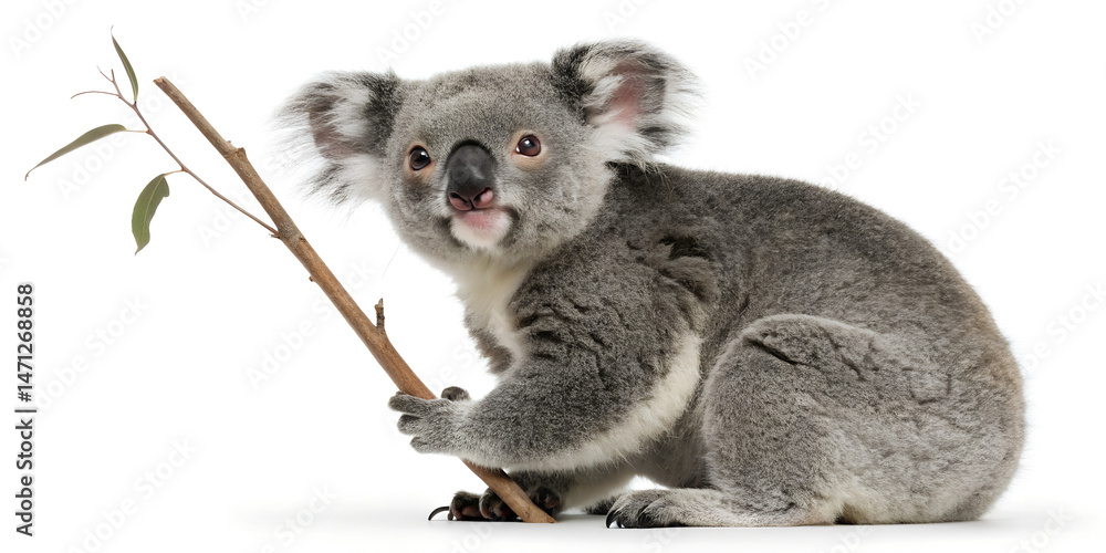 Fototapeta premium A koala holding a eucalyptus branch while sitting on a white background
