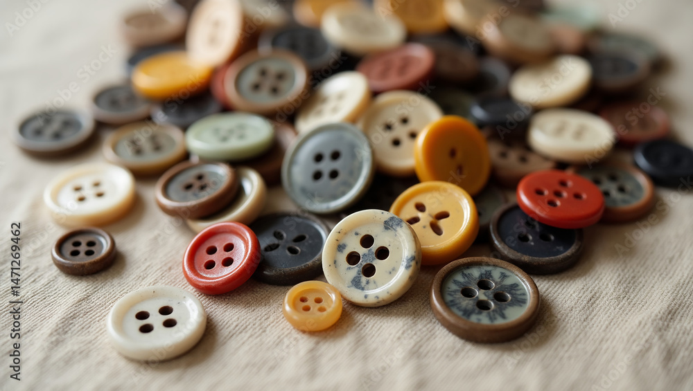 A collection of buttons. Buttons of different shapes and colors are scattered on a linen fabric. A collection of buttons. Buttons of different shapes and colors are scattered on a linen fabric.