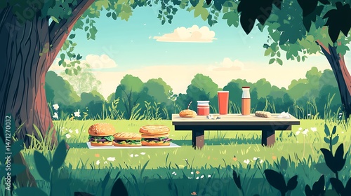 Fototapeta Naklejka Na Ścianę i Meble -  Picnic lunch park summer nature.