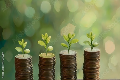 Four Stacks of Coins Increasing in Height Each Top for a Symbolic Representation of Financial Growth