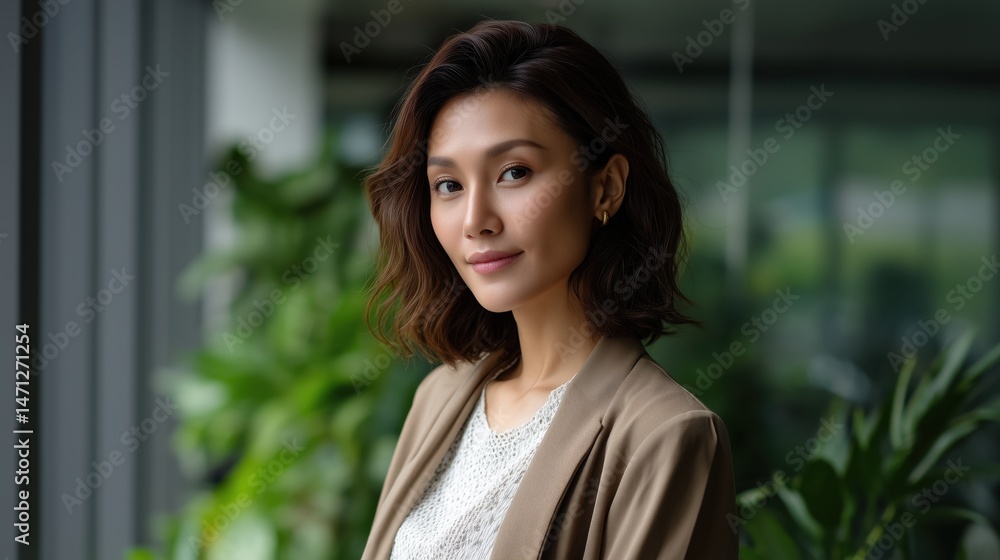 Confident Young Asian Woman in Blazer Looking Away Indoors with Green Background Confident Young Asian Woman in Blazer Looking Away Indoors with Green Background