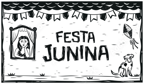 Poster for the 'FESTA JUNINA', a typical Brazilian fair. With a woman in the window, streamers and a balloon. Woodcut style.