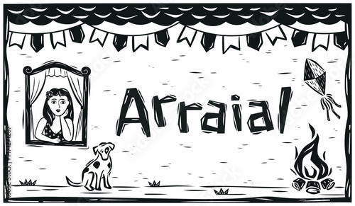 Poster for 'ARRAIAL', a typical Brazilian S?o Jo?o festival. Banner for advertising and prints in the style of cordel, woodcut.