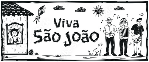 Poster for 'VIVA S?O JOAO', a typical June festival. With a woman in the window and a musician playing the accordion. Brazilian cordel, woodcut.
