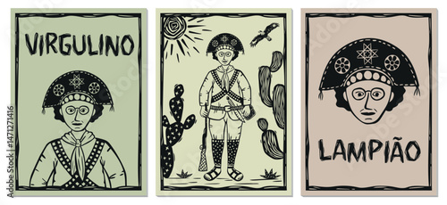 Set of posters of 'LAMPI?O'. The leader of the Northeastern 'Canga?o'. . Woodcut style, Brazilian cordel. Vector illustration.