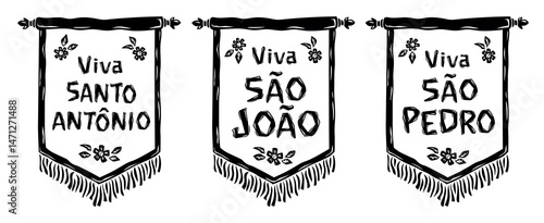 Set of woodcut style pennants for the June festival of Saint John, Saint Peter and Saint Anthony. Illustration in the style of Brazilian cordel.