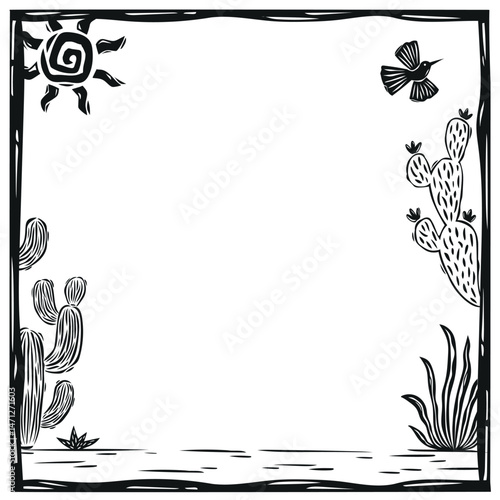 Square frame with cactus in the style of northeastern cordel, for texts, invitations, prints. Illustration in the style of Brazilian woodcut.