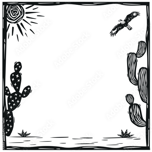 Vintage style square frame with cactus, sun and clouds. Woodcut style illustration, for posters, banners, prints, cards, textile.