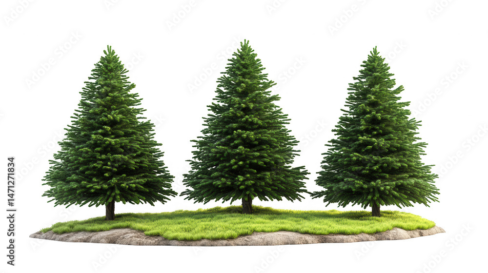 Obraz premium Three Green Pine Trees on a Grassy Mound with a PNG transparent background