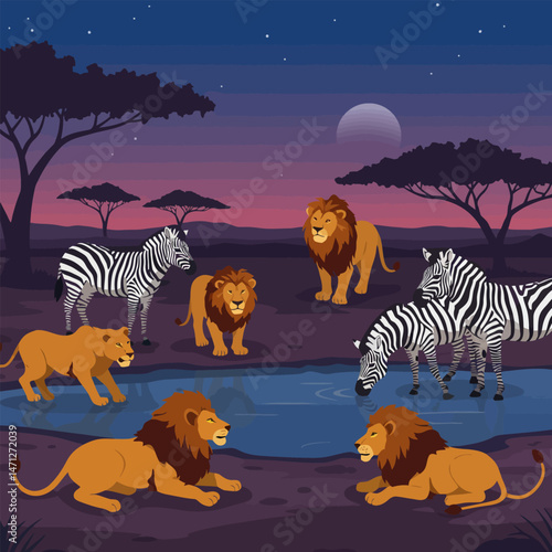 African Savanna at Night with Lions and Zebras by Waterhole