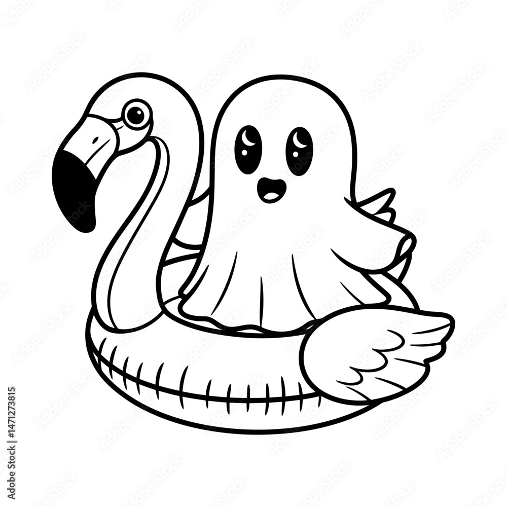 Cute Ghost on Flamingo Pool Float Illustration Cute Ghost on Flamingo Pool Float Illustration