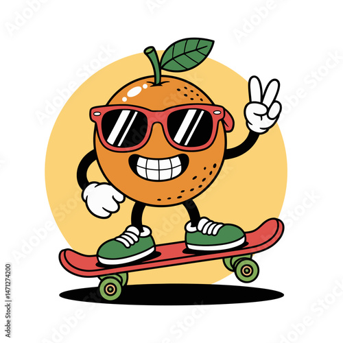Cool Orange Character on Skateboard with Sunglasses Illustration