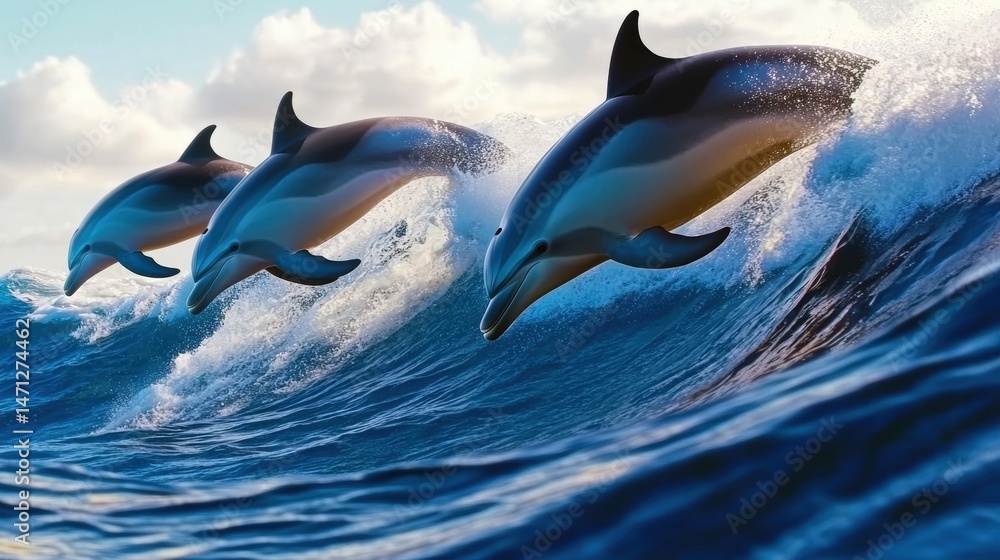 Obraz premium Three Dolphins Jumping Over Blue Ocean Waves Under A Clear Sky