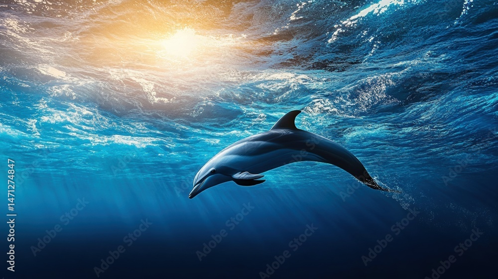 Naklejka premium Dolphin Swimming Gracefully Under Clear Blue Ocean Water Surface