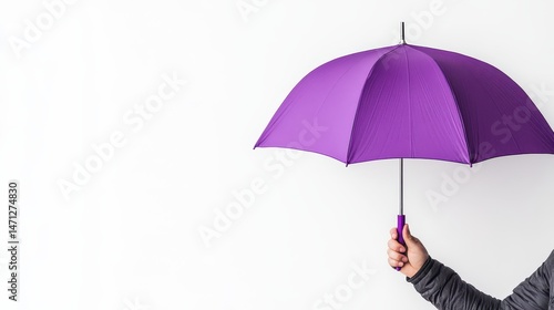 Vibrant Purple Umbrella Held Against a Bright White Background