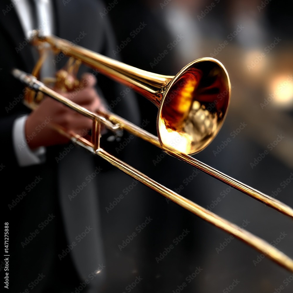 Obraz premium Golden Trombone Ready to Play: A Musician in Formal Attire Prepares to Fill the Air with Music and Elegance.
