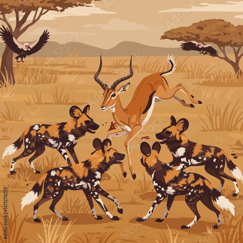 African Wild Dogs Hunting Impala in Savanna Landscape Illustration