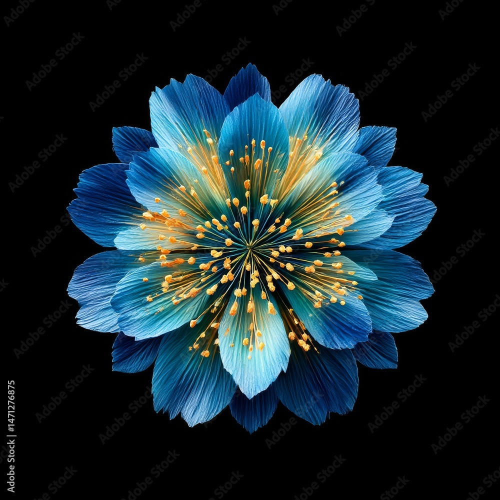 Obraz premium Striking Blue and Gold Flower on Black Background: A Detailed Floral Macro Shot Highlighting Intricate Petal Structure