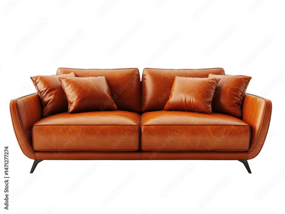 Fototapeta premium Chic leather sofa design for modern living room interiors. Isolated on transparent background, png.