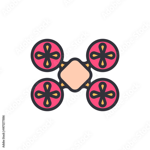 Stylized graphic rendering of a consumer-grade drone in flight mode