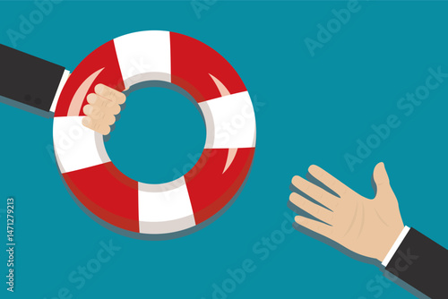 Human hand give lifebuoy for victim, needy. Insurance, emergency service. Symbol of help or support for survival. Closeup view.
