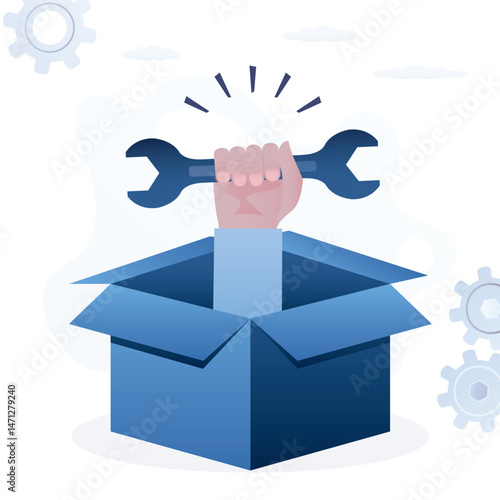 Businessman or worker man hand holds wrench and protrudes from an open box. Installation, repair or adjustment of equipment and machinery. Equipment for adjustment and settings.