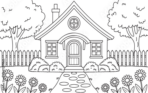 coloring page for kids, A black and white hand line drawing of a charming cottage with a tiled roof and a circular window, vector illustration