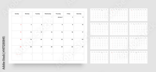 Monthly calendar layout for 2026 year. Minimalistic Diary planner for 2026 year. Week Starts on Sunday. Calendar Set for 2026 year.