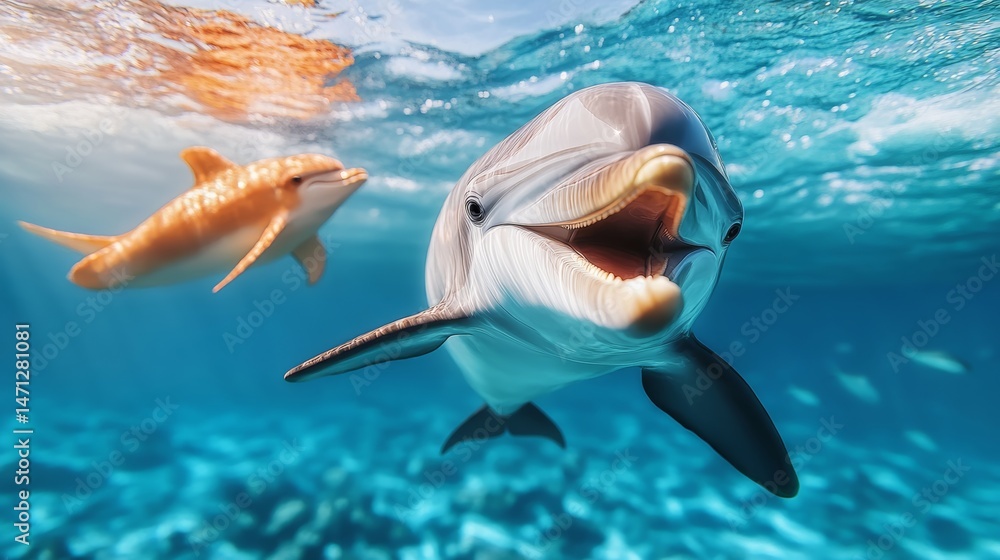 Fototapeta premium Dolphin is swimming in the ocean with its mouth open. The scene is peaceful and serene, with the dolphin looking happy and content