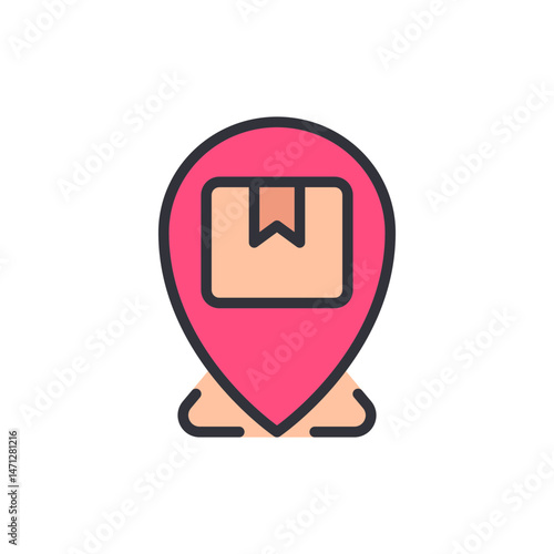 Stylized pinpoint icon symbolizing delivery location with package graphic