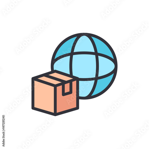 Global Delivery Concept with Earth and Box, Depicting International Shipping