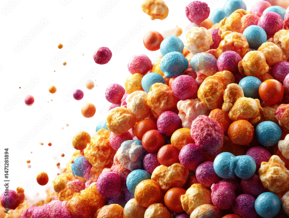 Fototapeta premium Colorful candy puffs falling studio food photography bright close-up. Isolated on transparent background, png.