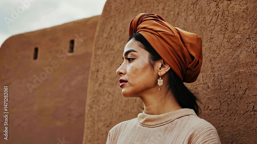 An oriental-looking woman with an ethnic headdress stands on the street. street background, ethnic building, brown clay walls