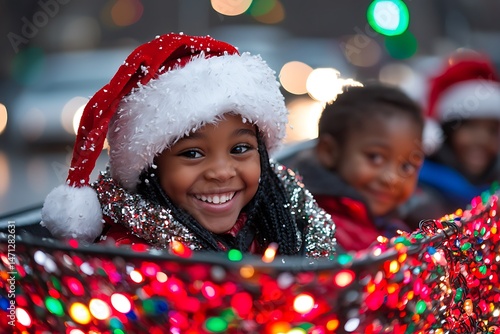 A Joyful Christmas Ride: Girl in Santa Hat Amidst Festive Lights