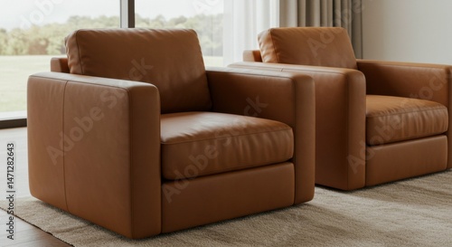 Two tan leather armchairs in a modern living room