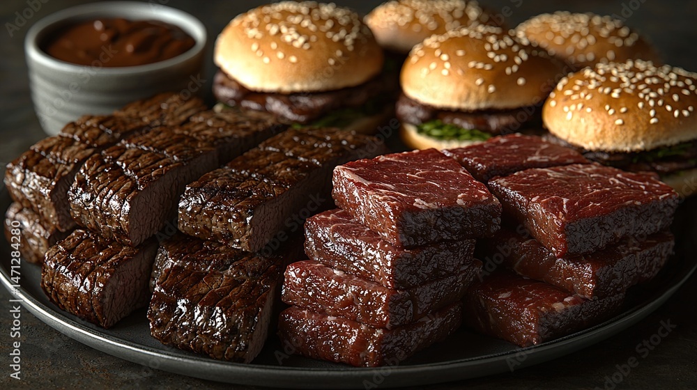 Assortment of raw cuts of meat, dry aged beef steaks and hamburger patties HD 8K wallpaper Photographic Image Assortment of raw cuts of meat, dry aged beef steaks and hamburger patties HD 8K wallpaper Photographic Image