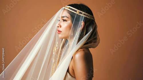 An oriental-looking woman in a wedding dress. Close-up, with a veil on his head