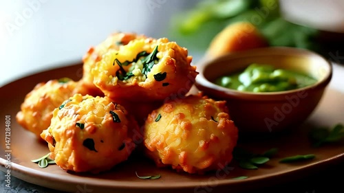 Golden fried hush puppies served with dipping sauces on rustic plate under cozy lighting